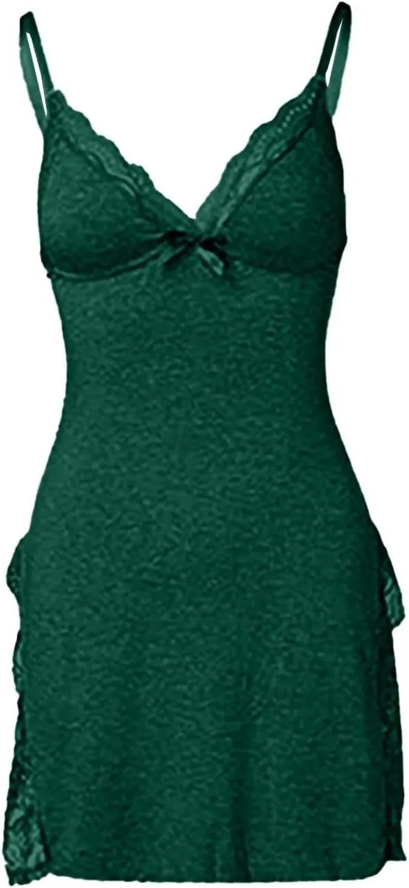 Lace Trim Sleep Dress for Women 2025 Plus Size Sexy Spaghetti Strap Nightgown lace Trim Slit Bowknot Decor Sleep Dress