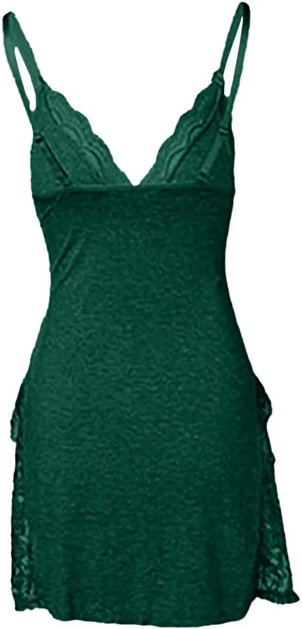 Lace Trim Sleep Dress for Women 2025 Plus Size Sexy Spaghetti Strap Nightgown lace Trim Slit Bowknot Decor Sleep Dress