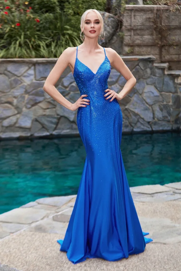 Ladivine CDS413 EMBELISHED SATIN MERMAID DRESS ROYAL BLUE