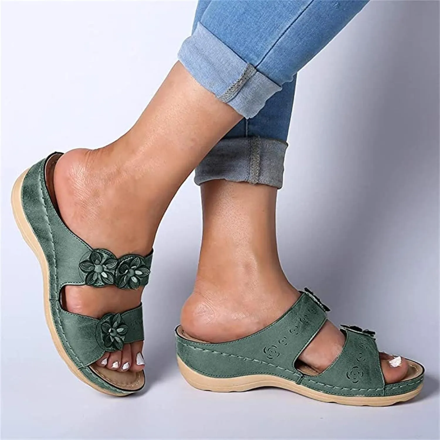 Ladmiple Sandals for Women Casual Summer Flower Orthopedic Sandal with Arch Support Beach Roman Open Toe Flip Flops Shoe