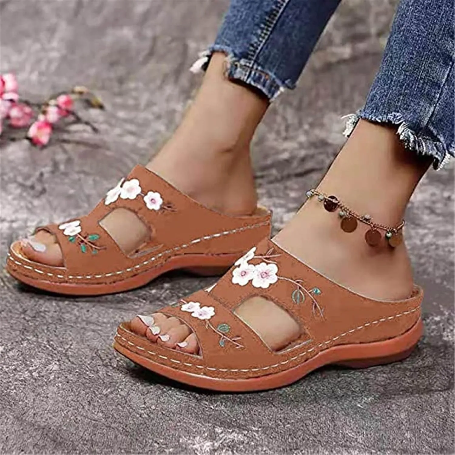 Ladmiple Sandals Women 2023 Fashion Floral Orthopedic Flip Flops with Arch Support Slippers Casual Roman Open Toe Shoes