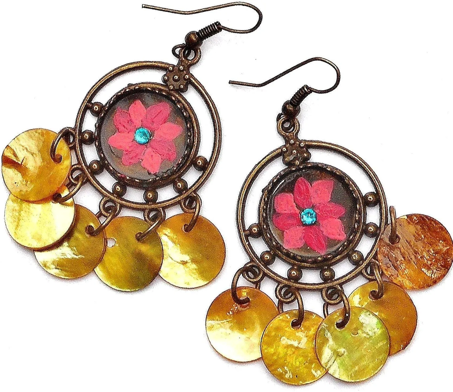 Lightweight Cute Antiqued Gold Plated Colorful Hand Painted Flower Boho Dangle Chandelier Earrings with Dangling Genuine Shell Charms