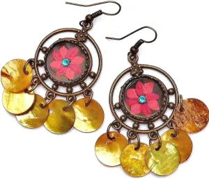 Lightweight Cute Antiqued Gold Plated Colorful Hand Painted Flower Boho Dangle Chandelier Earrings with Dangling Genuine Shell Charms