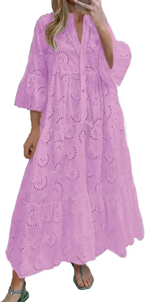 LIKGTVRO Eyelet Dress Boho V-Neck Hollow Lace Embroidery Dresses Bohemian Bell Sleeve Frilly Casual Maxi Skirt