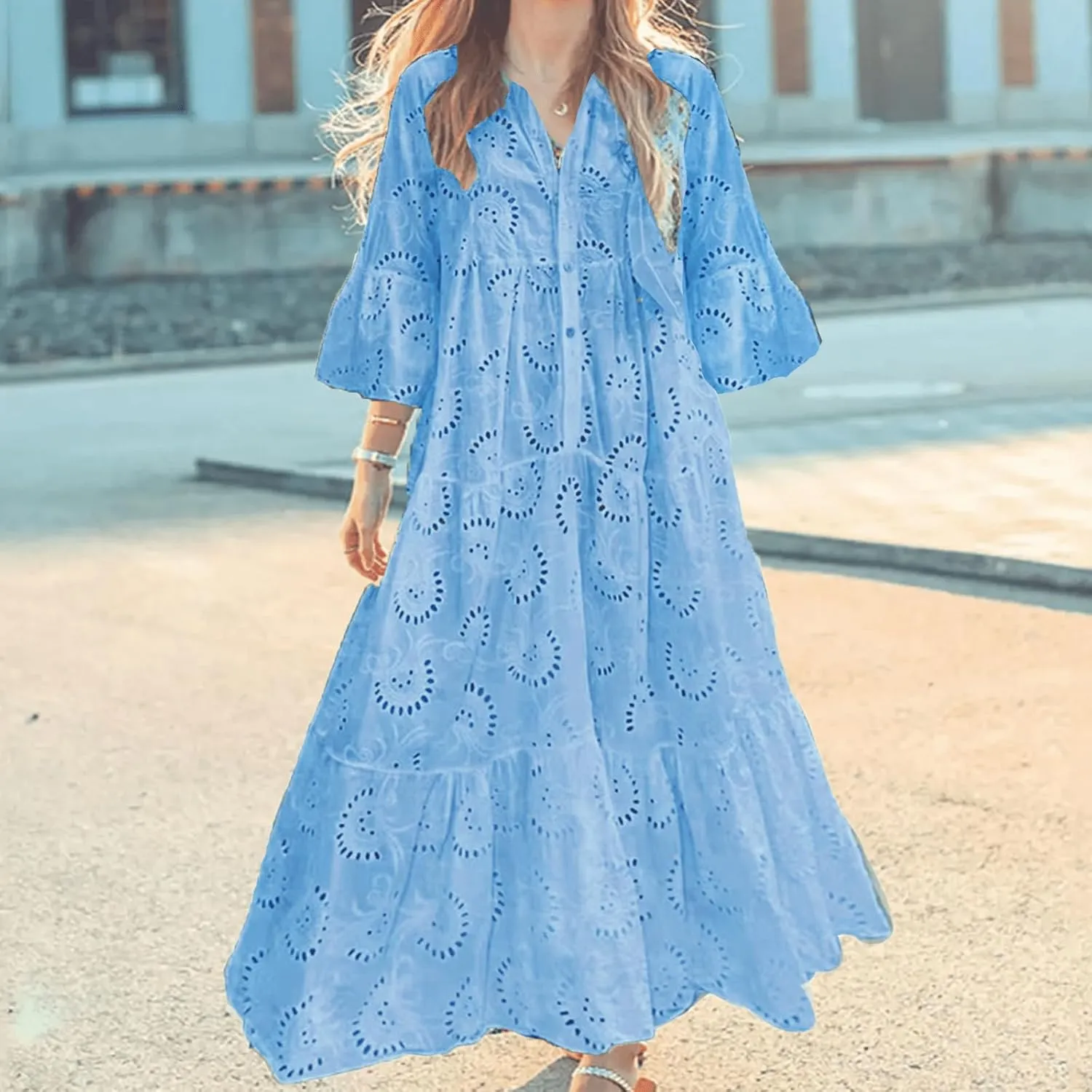 LIKGTVRO Eyelet Dress Boho V-Neck Hollow Lace Embroidery Dresses Bohemian Bell Sleeve Frilly Casual Maxi Skirt