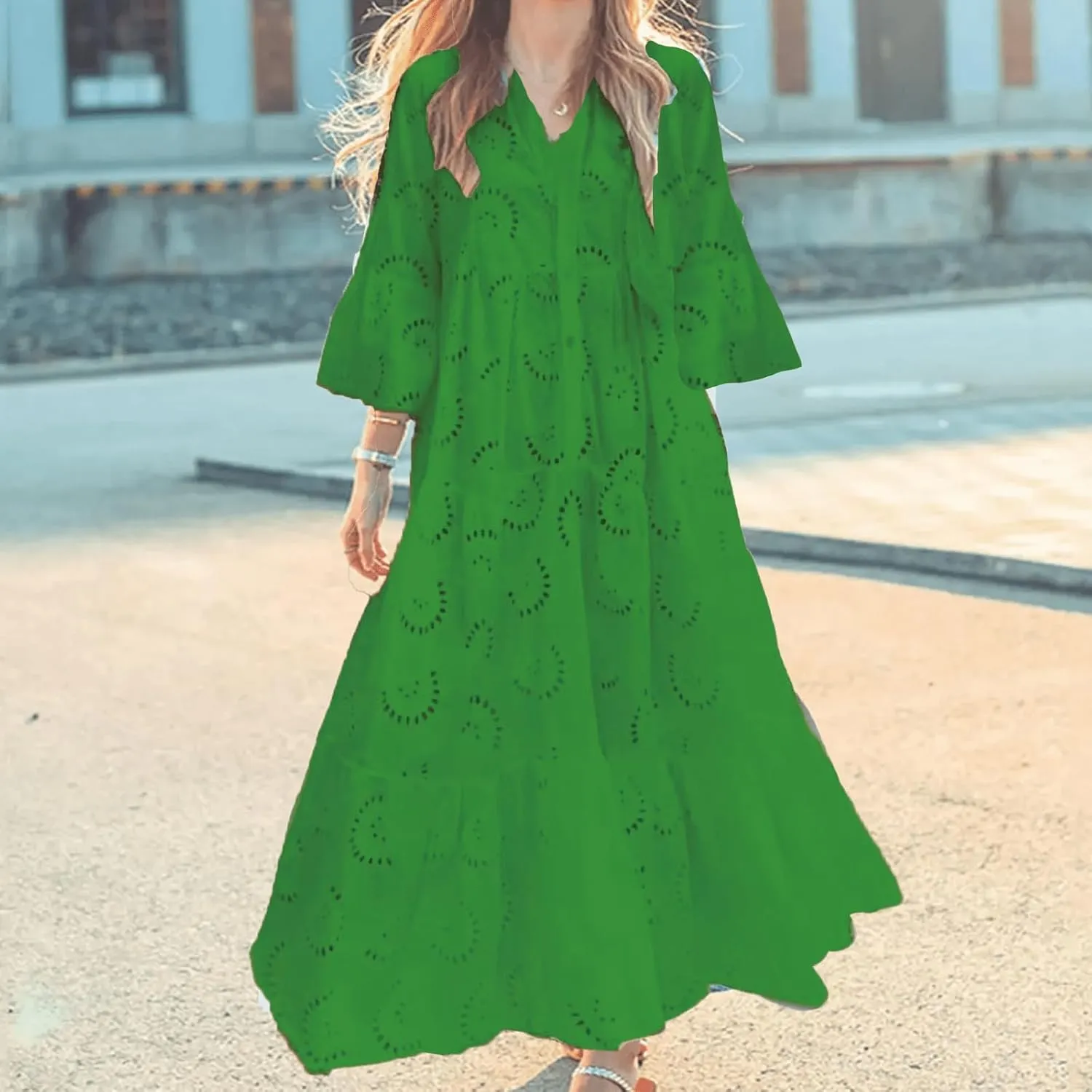 LIKGTVRO Eyelet Dress Boho V-Neck Hollow Lace Embroidery Dresses Bohemian Bell Sleeve Frilly Casual Maxi Skirt