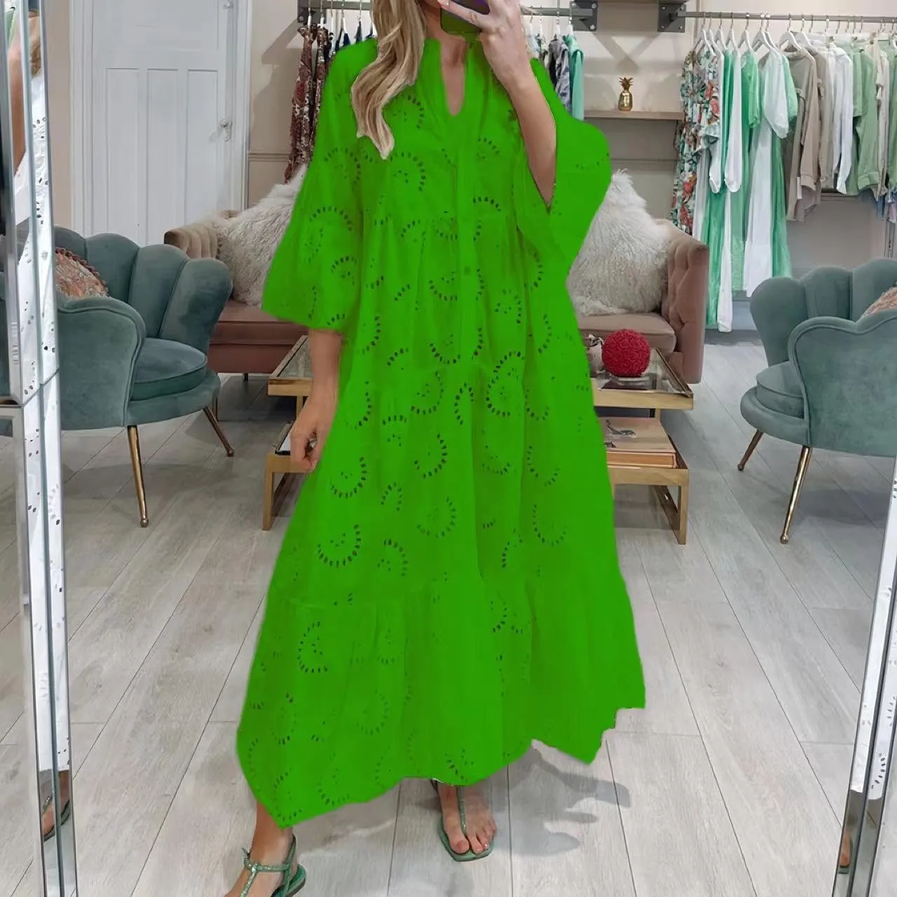 LIKGTVRO Eyelet Dress Boho V-Neck Hollow Lace Embroidery Dresses Bohemian Bell Sleeve Frilly Casual Maxi Skirt