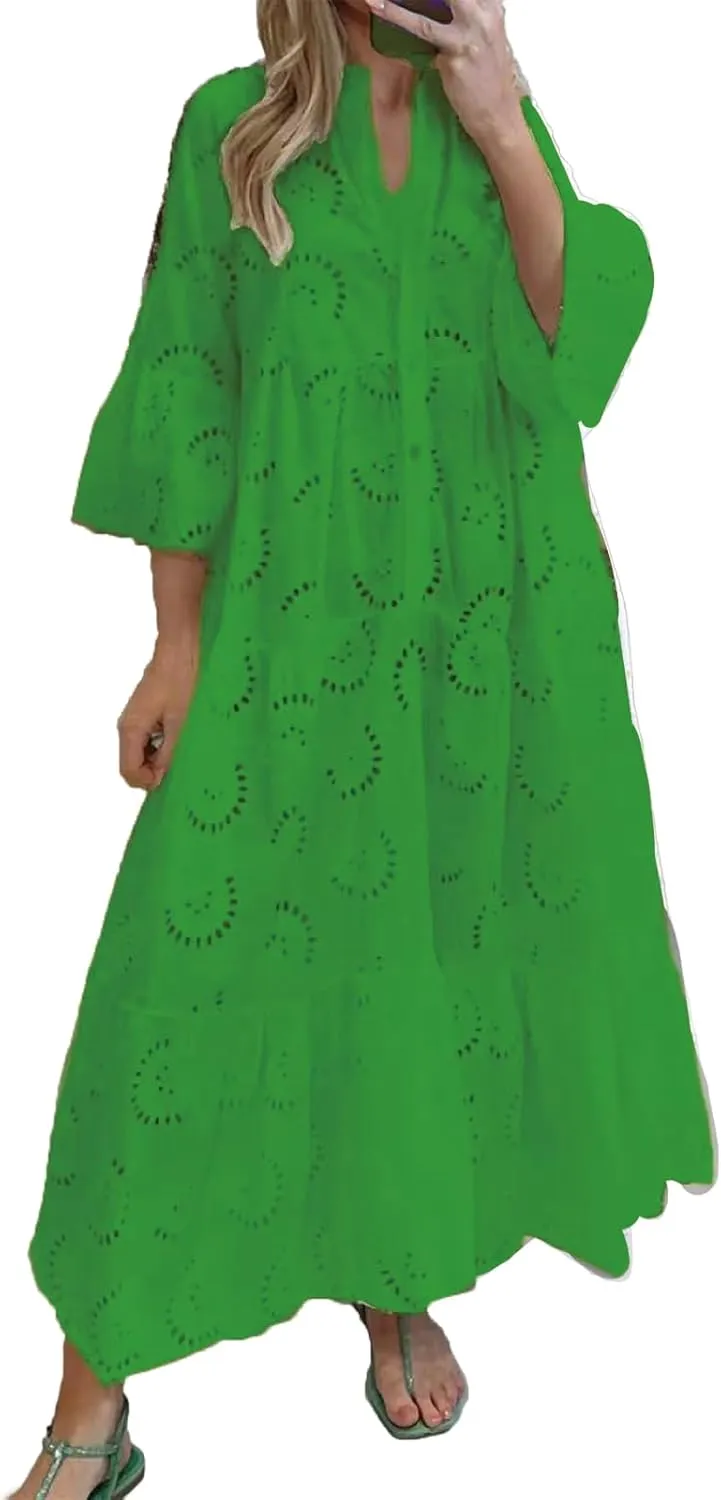 LIKGTVRO Eyelet Dress Boho V-Neck Hollow Lace Embroidery Dresses Bohemian Bell Sleeve Frilly Casual Maxi Skirt