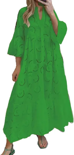 LIKGTVRO Eyelet Dress Boho V-Neck Hollow Lace Embroidery Dresses Bohemian Bell Sleeve Frilly Casual Maxi Skirt