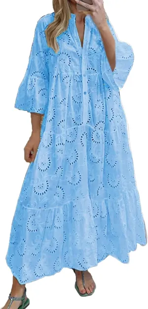 LIKGTVRO Eyelet Dress Boho V-Neck Hollow Lace Embroidery Dresses Bohemian Bell Sleeve Frilly Casual Maxi Skirt