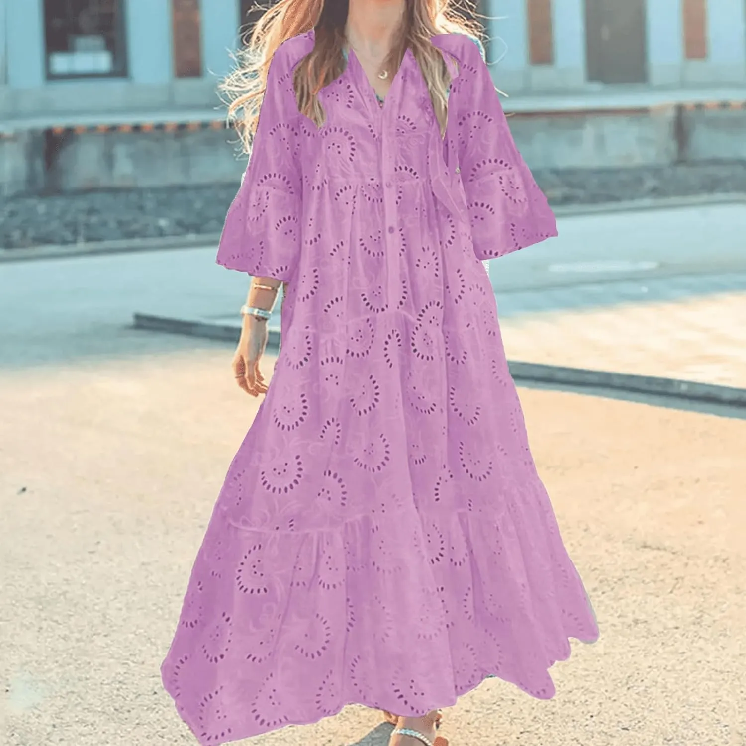 LIKGTVRO Eyelet Dress Boho V-Neck Hollow Lace Embroidery Dresses Bohemian Bell Sleeve Frilly Casual Maxi Skirt