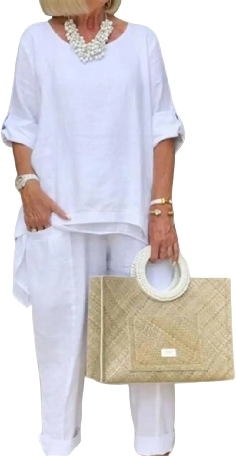 Linen 2 Piece Set for Women Plus Size Dressy Casual Cotton Linen Outfits Long Sleeve Shirts Wide Leg Trousers