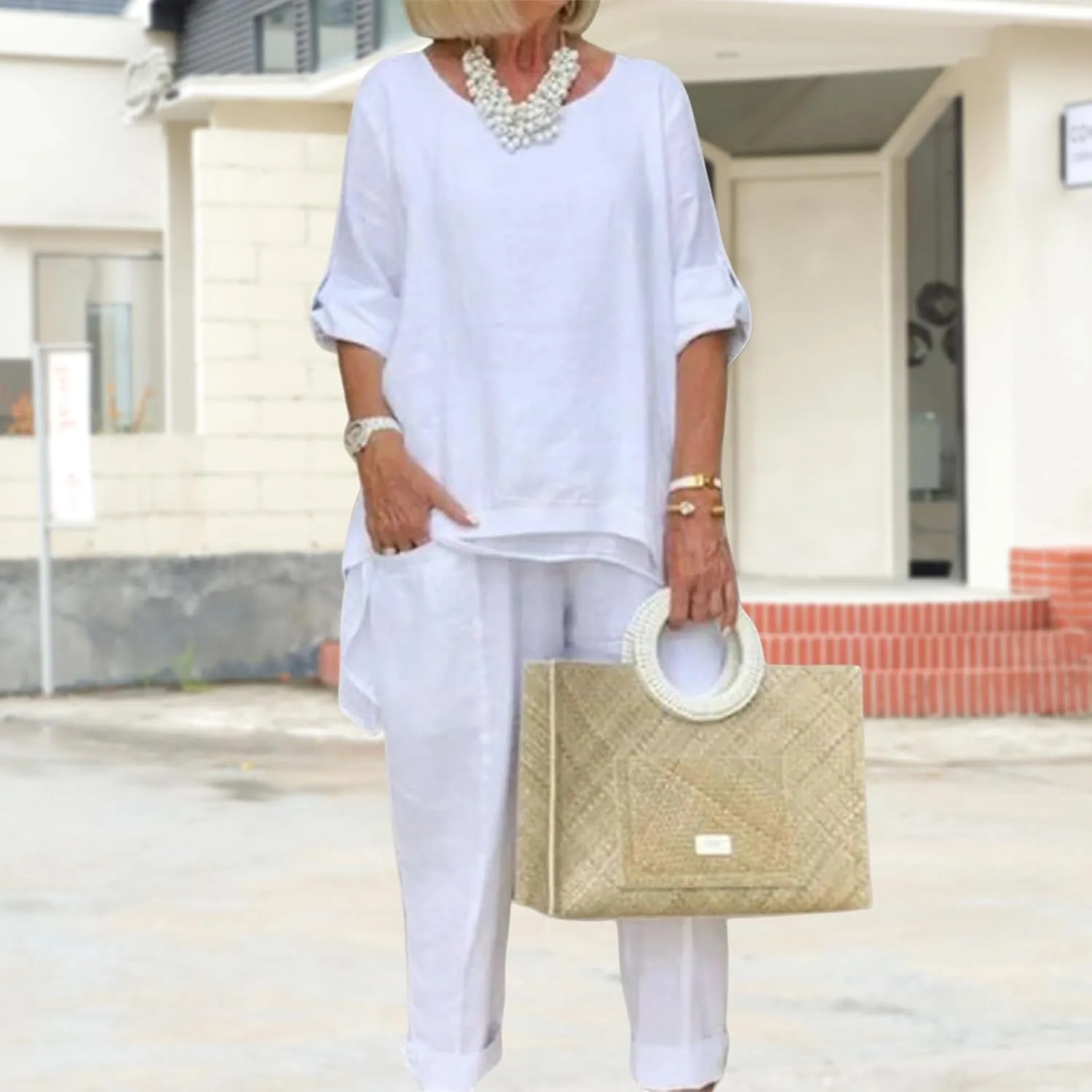 Linen 2 Piece Set for Women Plus Size Dressy Casual Cotton Linen Outfits Long Sleeve Shirts Wide Leg Trousers