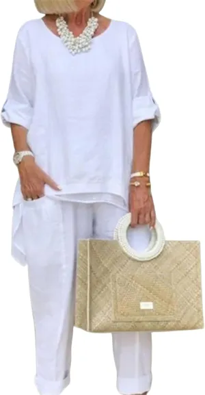 Linen 2 Piece Set for Women Plus Size Dressy Casual Cotton Linen Outfits Long Sleeve Shirts Wide Leg Trousers
