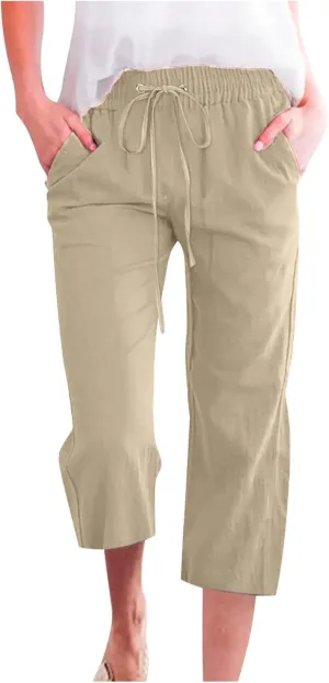 Linen Pants Women Drawstring Elastic Waist Capri Pants for Women Casual Summer 2025 Straight Leg Loose Cropped Trouser