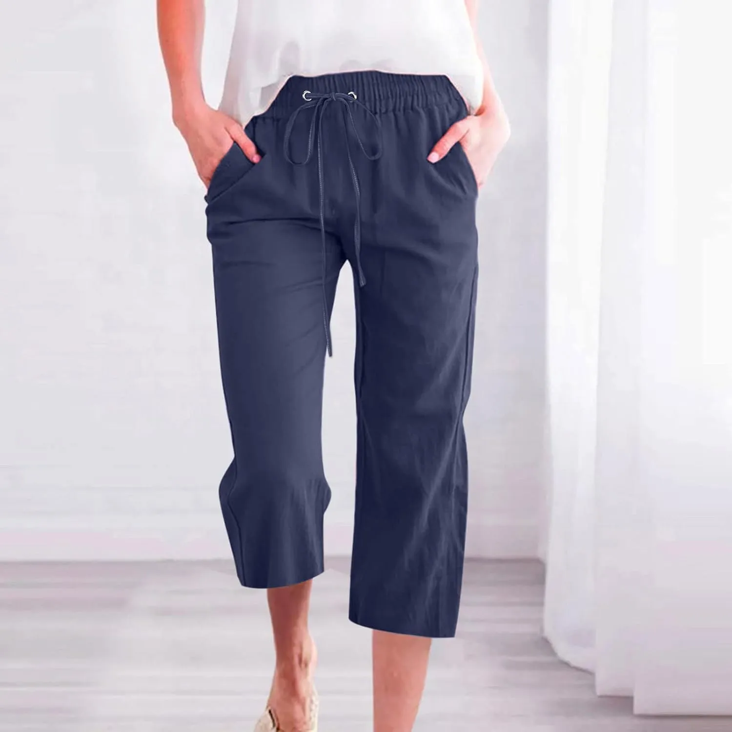 Linen Pants Women Drawstring Elastic Waist Capri Pants for Women Casual Summer 2025 Straight Leg Loose Cropped Trouser