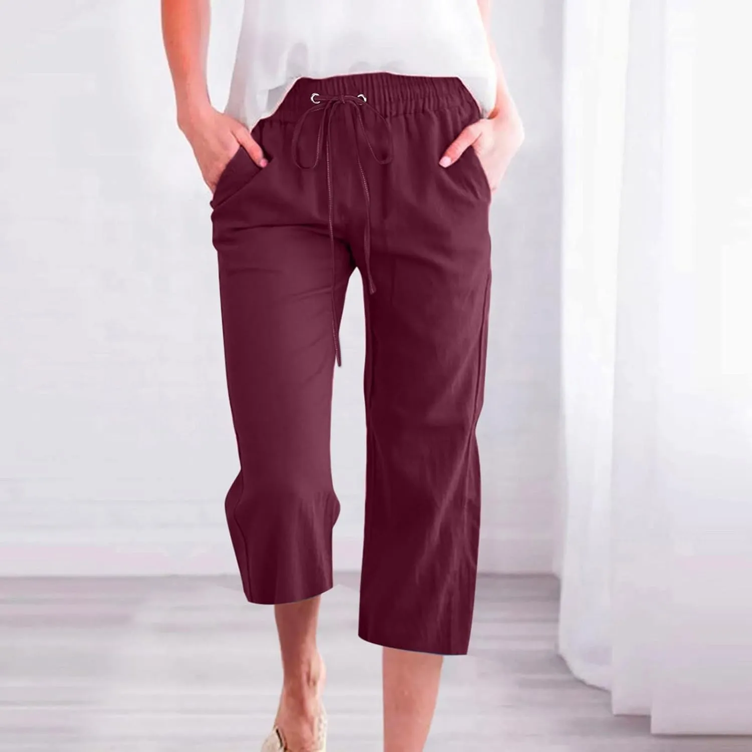 Linen Pants Women Drawstring Elastic Waist Capri Pants for Women Casual Summer 2025 Straight Leg Loose Cropped Trouser