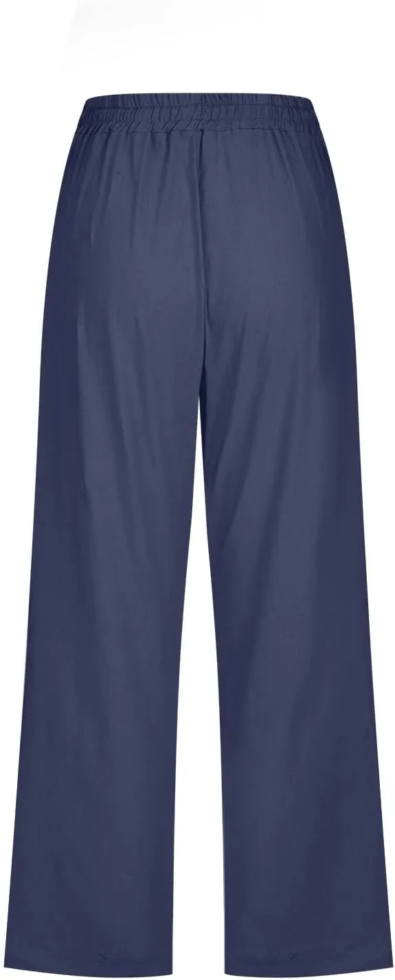 Linen Pants Women Drawstring Elastic Waist Capri Pants for Women Casual Summer 2025 Straight Leg Loose Cropped Trouser