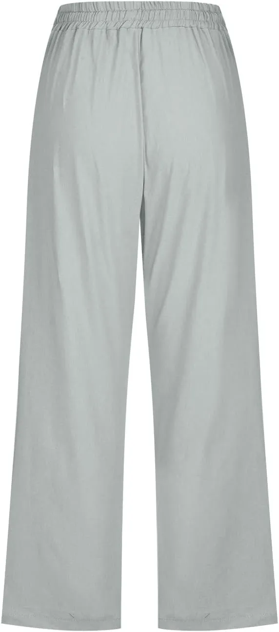 Linen Pants Women Drawstring Elastic Waist Capri Pants for Women Casual Summer 2025 Straight Leg Loose Cropped Trouser
