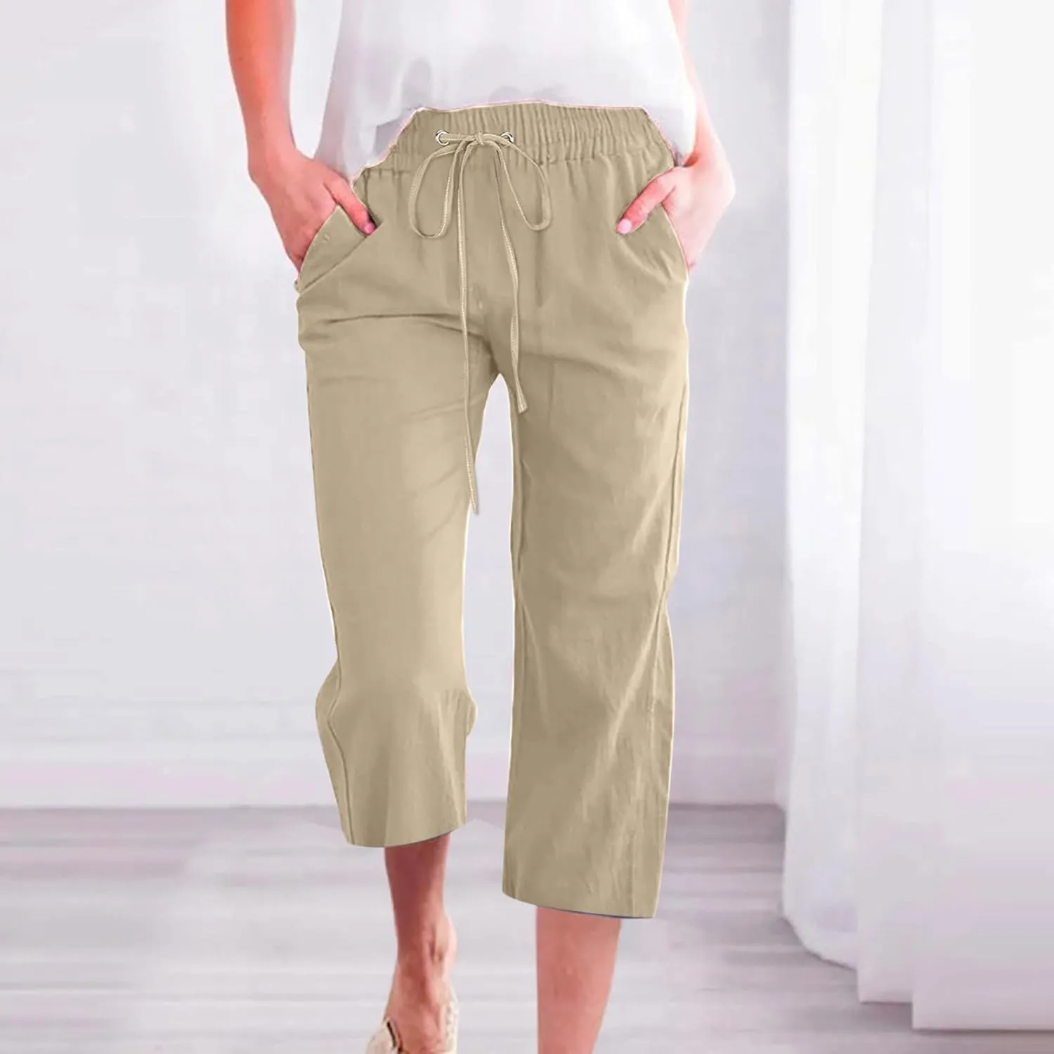 Linen Pants Women Drawstring Elastic Waist Capri Pants for Women Casual Summer 2025 Straight Leg Loose Cropped Trouser