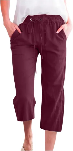 Linen Pants Women Drawstring Elastic Waist Capri Pants for Women Casual Summer 2025 Straight Leg Loose Cropped Trouser