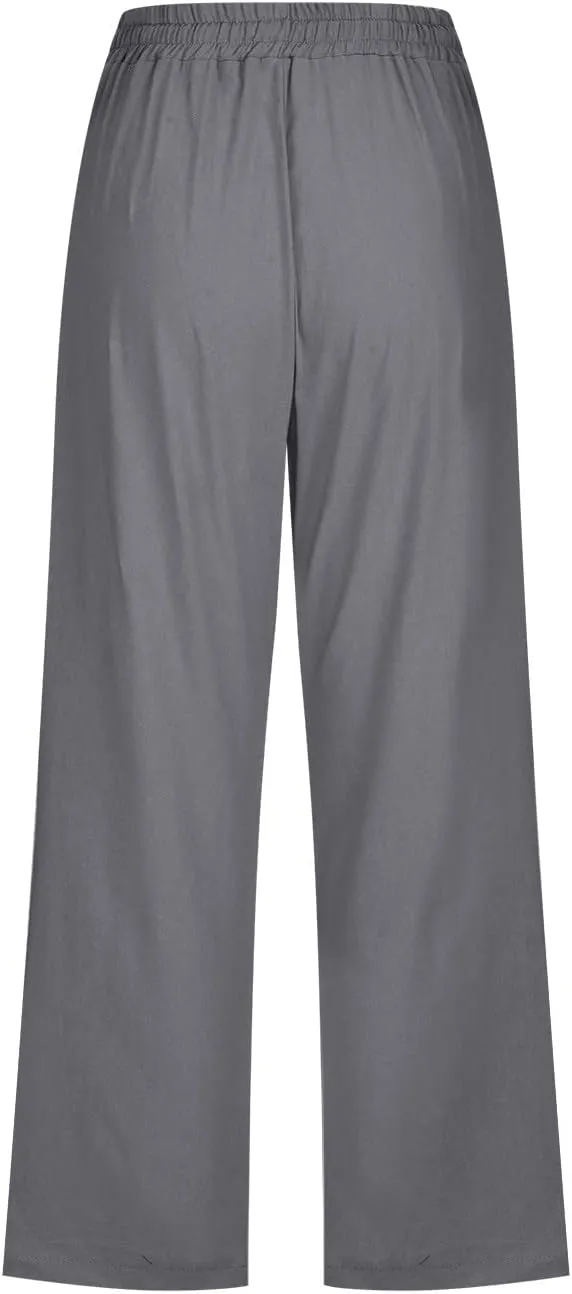 Linen Pants Women Drawstring Elastic Waist Capri Pants for Women Casual Summer 2025 Straight Leg Loose Cropped Trouser