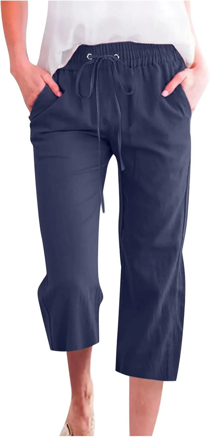 Linen Pants Women Drawstring Elastic Waist Capri Pants for Women Casual Summer 2025 Straight Leg Loose Cropped Trouser