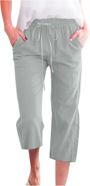Linen Pants Women Drawstring Elastic Waist Capri Pants for Women Casual Summer 2025 Straight Leg Loose Cropped Trouser