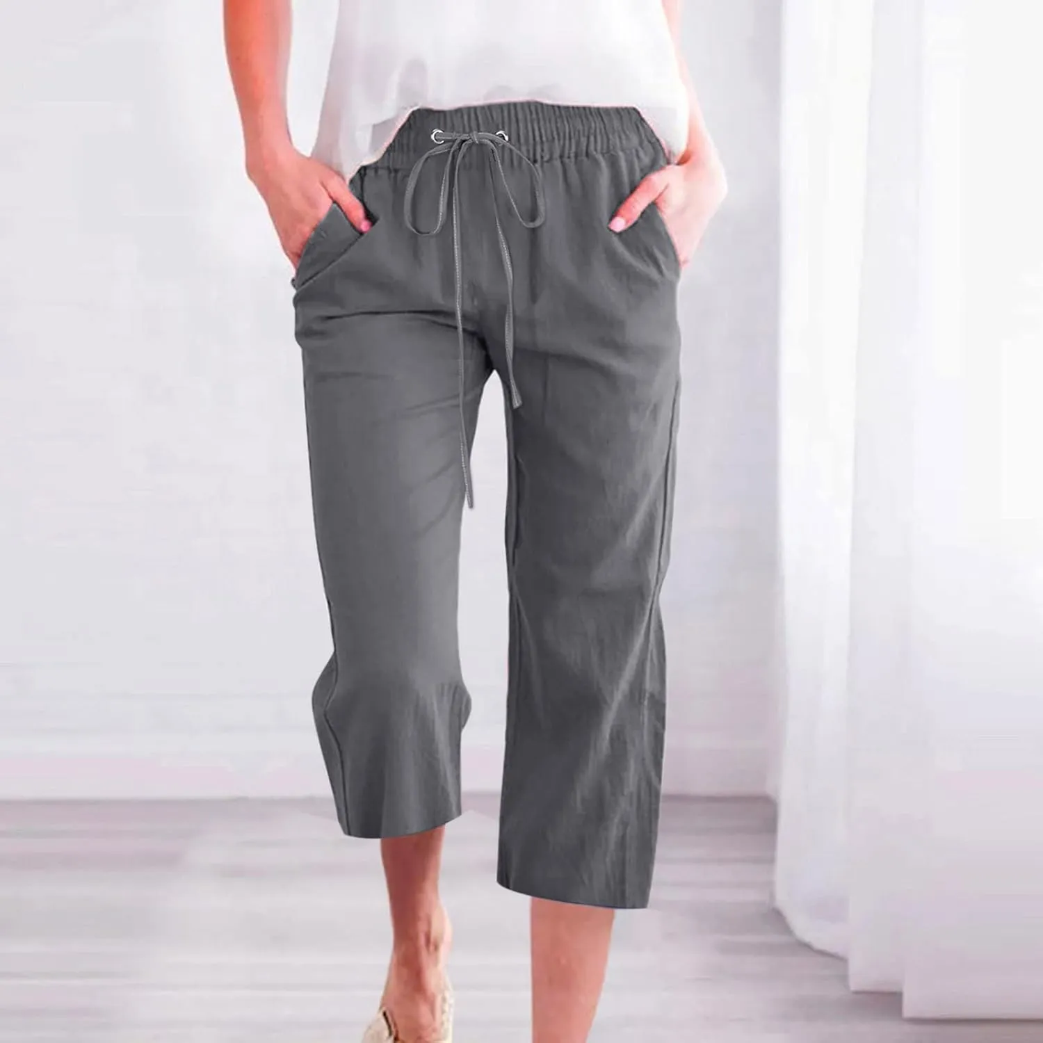 Linen Pants Women Drawstring Elastic Waist Capri Pants for Women Casual Summer 2025 Straight Leg Loose Cropped Trouser