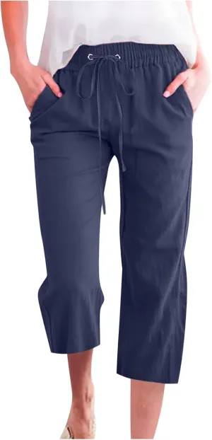 Linen Pants Women Drawstring Elastic Waist Capri Pants for Women Casual Summer 2025 Straight Leg Loose Cropped Trouser