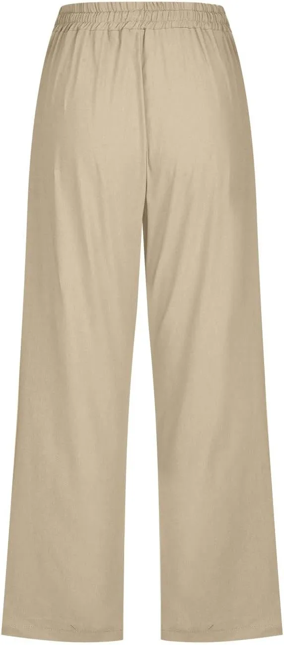 Linen Pants Women Drawstring Elastic Waist Capri Pants for Women Casual Summer 2025 Straight Leg Loose Cropped Trouser