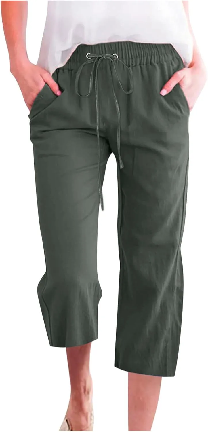 Linen Pants Women Drawstring Elastic Waist Capri Pants for Women Casual Summer 2025 Straight Leg Loose Cropped Trouser