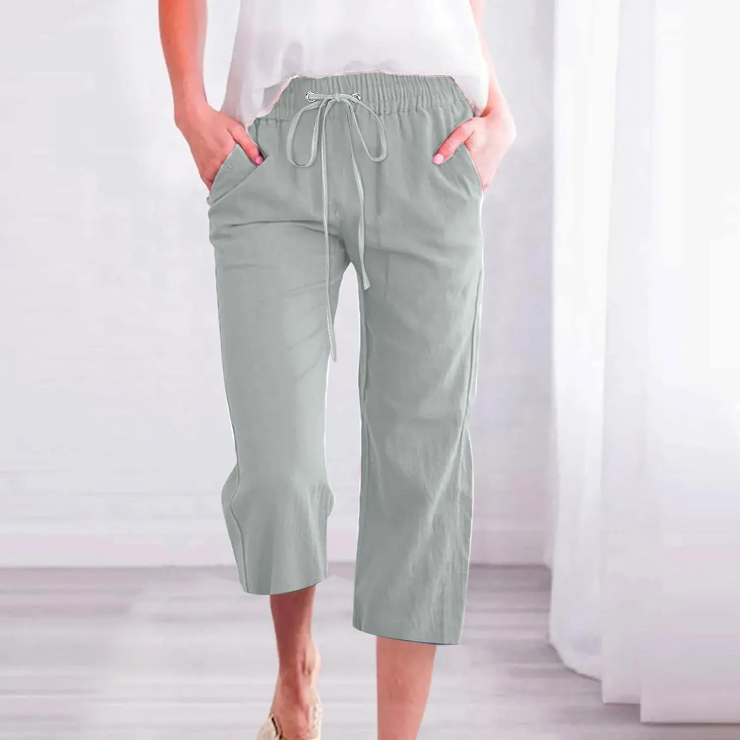 Linen Pants Women Drawstring Elastic Waist Capri Pants for Women Casual Summer 2025 Straight Leg Loose Cropped Trouser