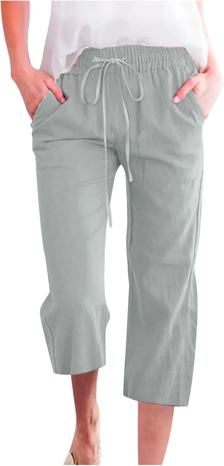Linen Pants Women Drawstring Elastic Waist Capri Pants for Women Casual Summer 2025 Straight Leg Loose Cropped Trouser