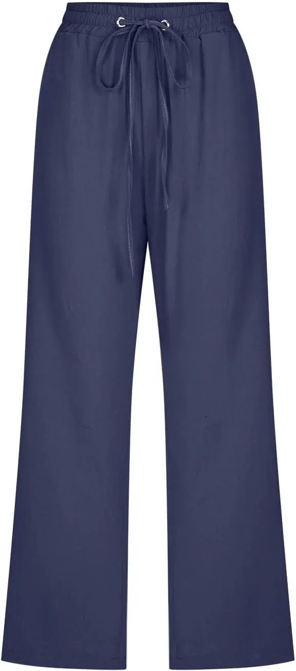 Linen Pants Women Drawstring Elastic Waist Capri Pants for Women Casual Summer 2025 Straight Leg Loose Cropped Trouser