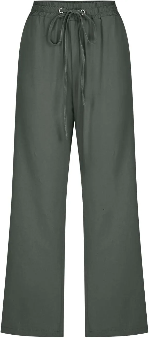 Linen Pants Women Drawstring Elastic Waist Capri Pants for Women Casual Summer 2025 Straight Leg Loose Cropped Trouser