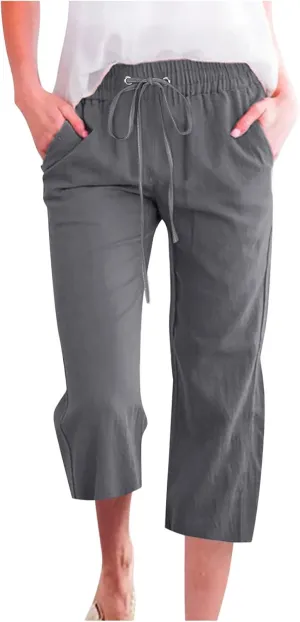 Linen Pants Women Drawstring Elastic Waist Capri Pants for Women Casual Summer 2025 Straight Leg Loose Cropped Trouser