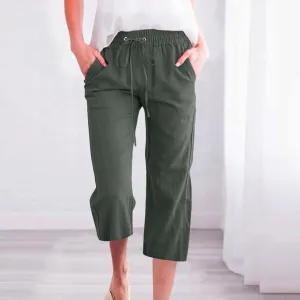 Linen Pants Women Drawstring Elastic Waist Capri Pants for Women Casual Summer 2025 Straight Leg Loose Cropped Trouser