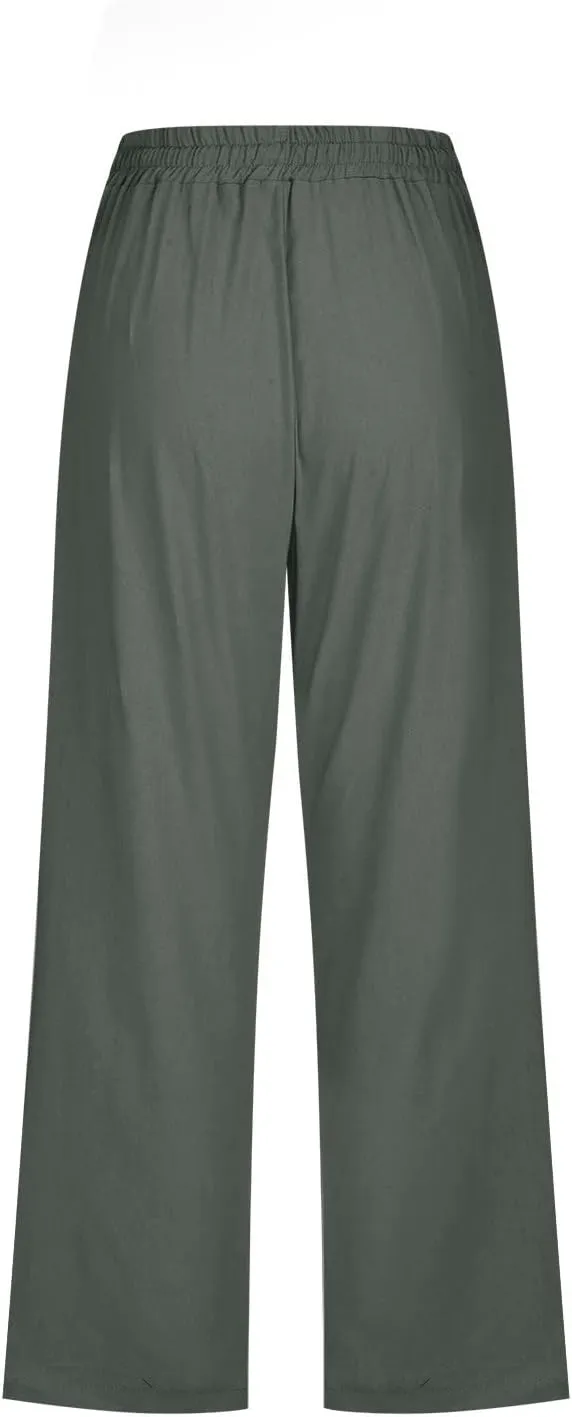 Linen Pants Women Drawstring Elastic Waist Capri Pants for Women Casual Summer 2025 Straight Leg Loose Cropped Trouser