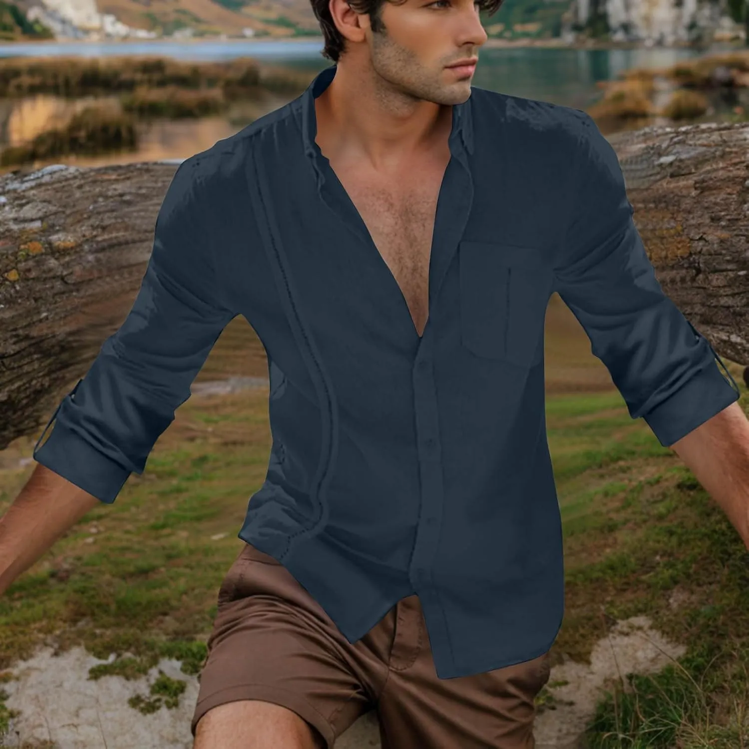 Linen Shirts for Men Casual Button Down Shirts Long Sleeve Textured Summer Beach Fashion Shirt with Pocket