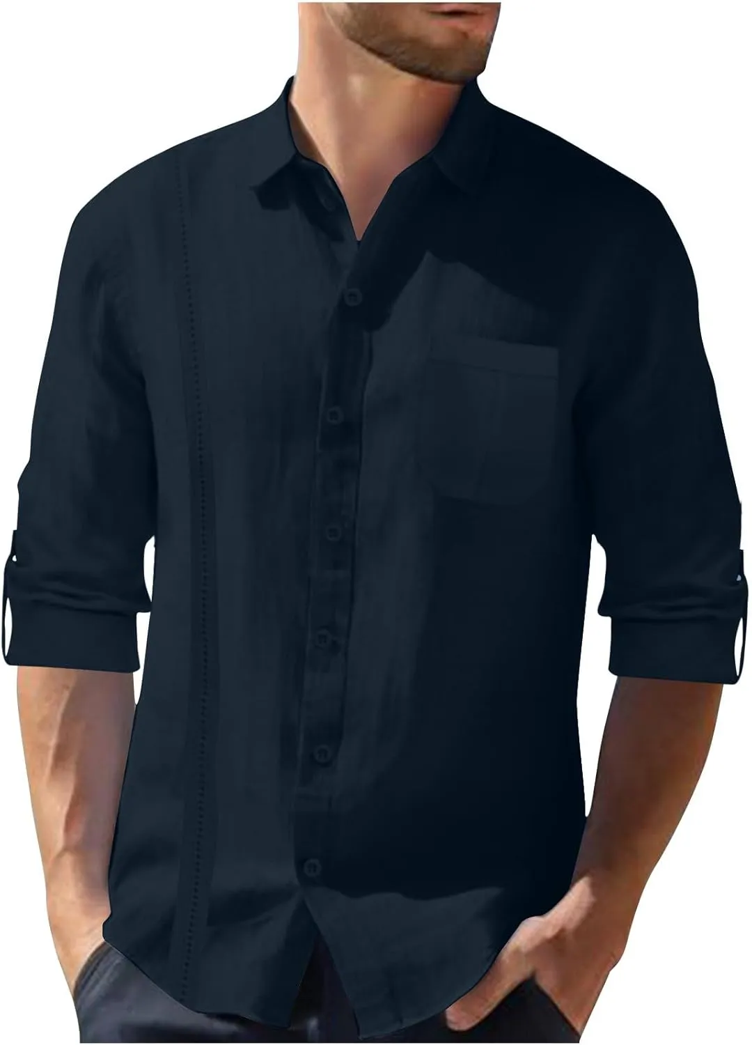 Linen Shirts for Men Casual Button Down Shirts Long Sleeve Textured Summer Beach Fashion Shirt with Pocket