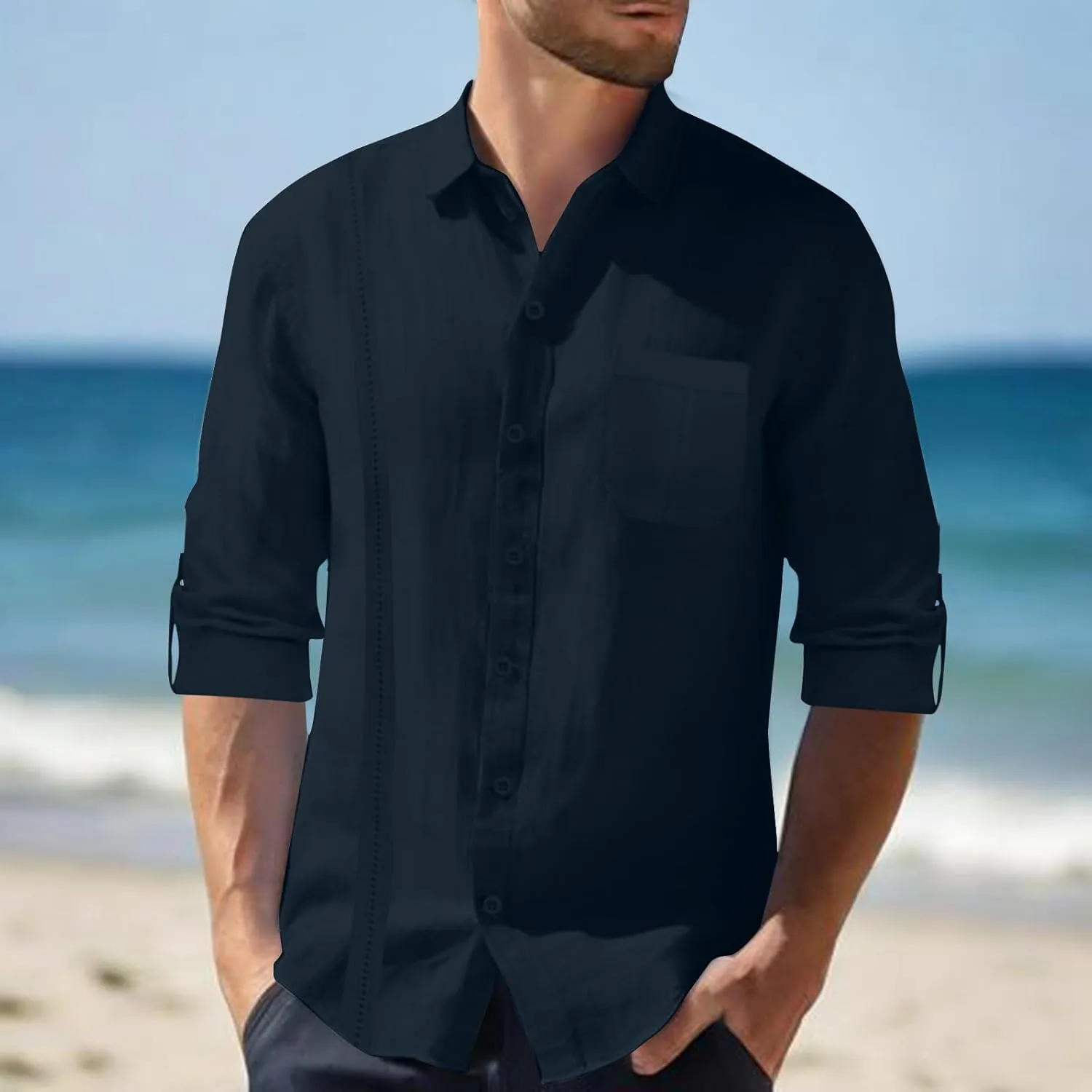 Linen Shirts for Men Casual Button Down Shirts Long Sleeve Textured Summer Beach Fashion Shirt with Pocket