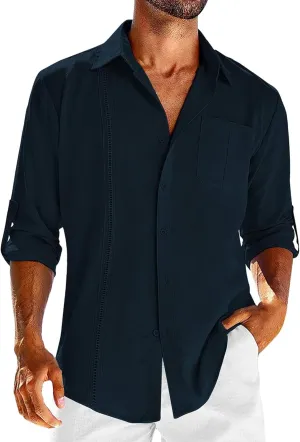 Linen Shirts for Men Casual Button Down Shirts Long Sleeve Textured Summer Beach Fashion Shirt with Pocket
