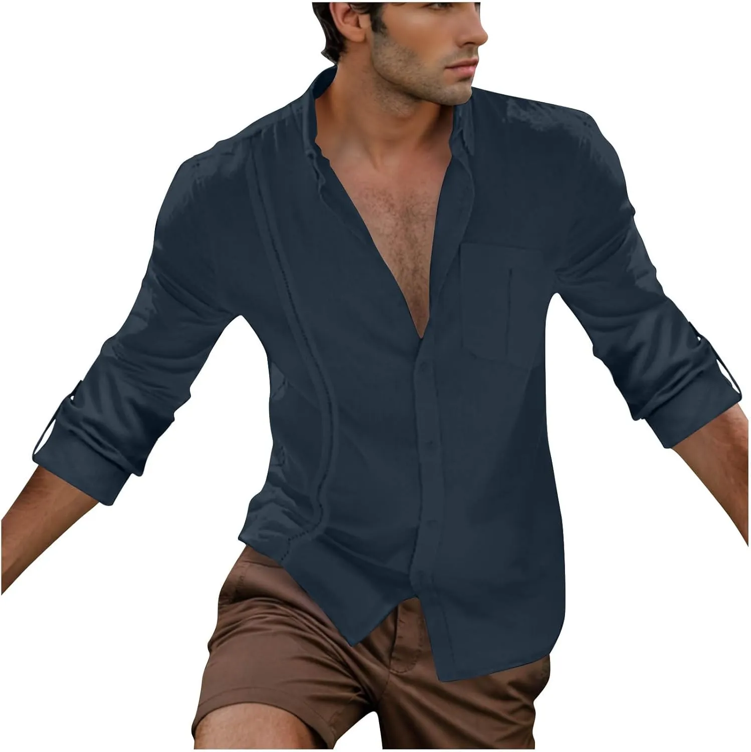 Linen Shirts for Men Casual Button Down Shirts Long Sleeve Textured Summer Beach Fashion Shirt with Pocket