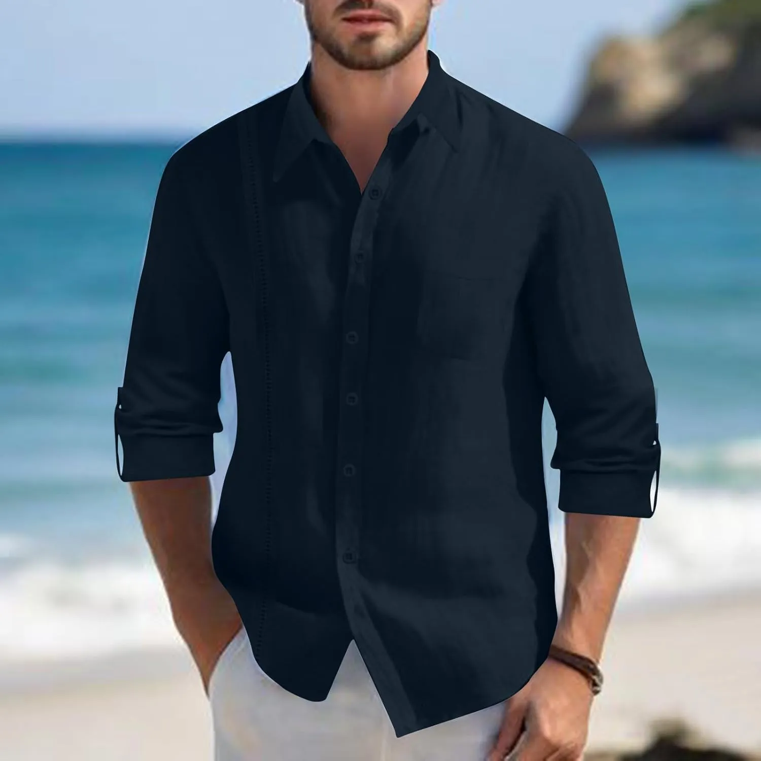 Linen Shirts for Men Casual Button Down Shirts Long Sleeve Textured Summer Beach Fashion Shirt with Pocket