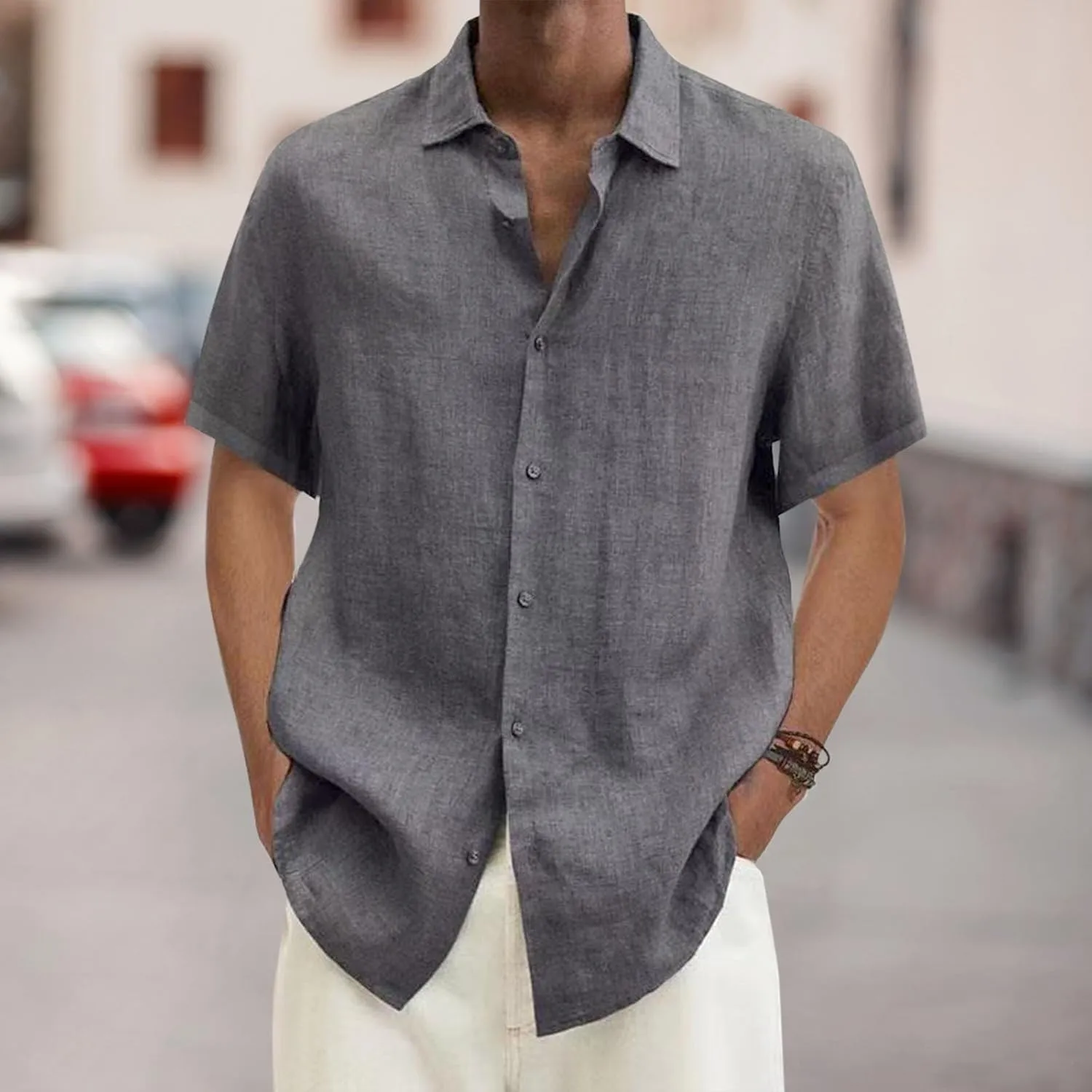 Linen Shirts for Men Short Sleeve Button Down Summer Casual Beach Top Lightweight Loose Sun Protection Fishing Shirt