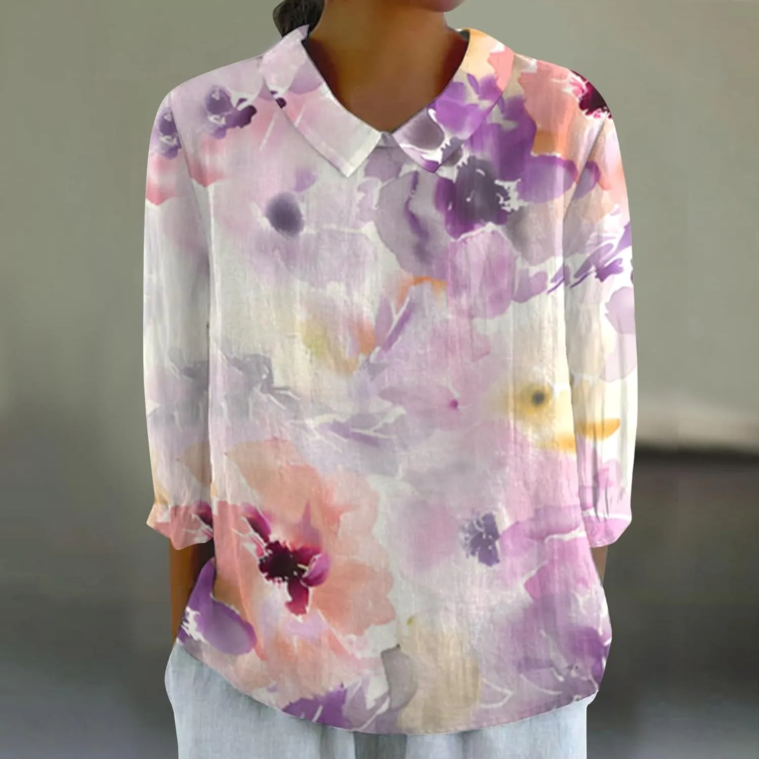 Linen Shirts for Women 3/4 Sleeve Peter Pan Collar Tops Casual Dressy Loose Fit Blouses Cotton Linen Shirts