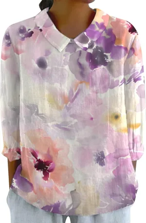 Linen Shirts for Women 3/4 Sleeve Peter Pan Collar Tops Casual Dressy Loose Fit Blouses Cotton Linen Shirts