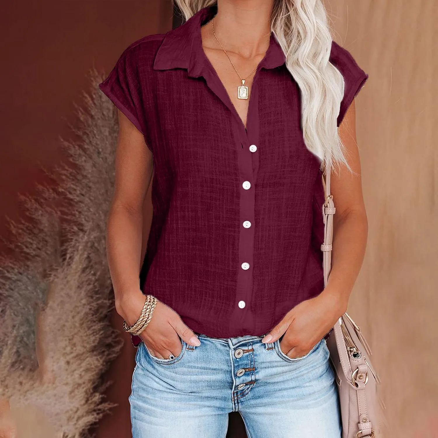 Linen Shirts for Women Summer Button Down Cap Sleeve Shirts Casual Loose Solid V Neck Tops Business Casual Blouses