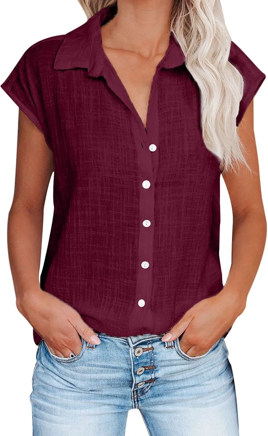 Linen Shirts for Women Summer Button Down Cap Sleeve Shirts Casual Loose Solid V Neck Tops Business Casual Blouses